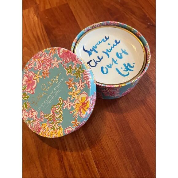 Set of 4 Lilly Pulitzer Ceramic Gold Rim Coasters 3.75" BREAKWATER BLUE LOLITA - Picture 6 of 13